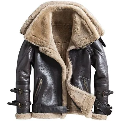 Buy Mens Aviator RAF Leather Jacket Double Collar Fashion Shearling Fur Sheepskin UK • 119.95£