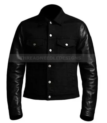 Buy Men's Black Denim Slim Fit Casual Biker Jacket Leather Sleeves Outdoor Jacket S1 • 71.99£