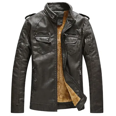 Buy Men's PU Leather Autumn/Winter Motorcycle Jacket Plush Wash Vintage Leather Coat • 76.63£