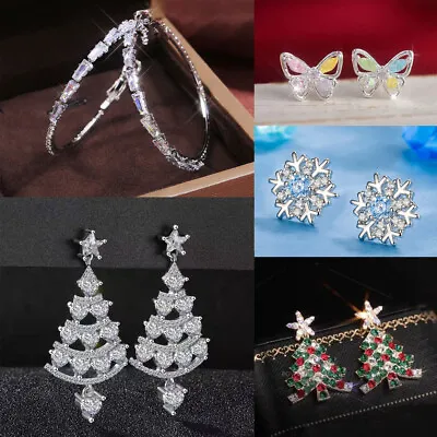 Buy Silver Plated Stud Earring Christmas Tree Snowflake Crystal Dangle Women Jewelry • 3.98£