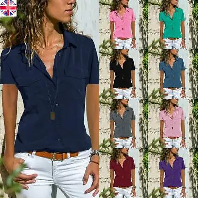 Buy Womens Short Sleeve Casual T Shirt Tops Ladies Work OL Button Blouse Tee Size • 9.89£