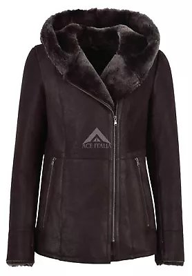 Buy Ladies B3 Flying Sheepskin Shearling Jacket Dark Berry Fur Hooded Genuine NV 39 • 380£