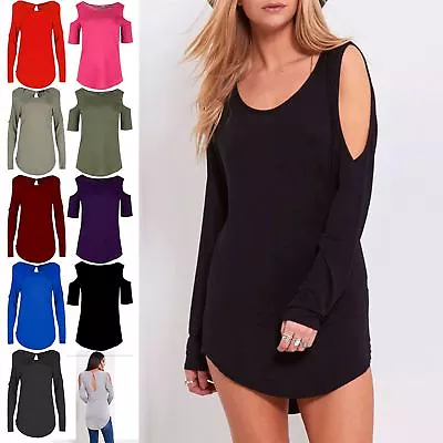 Buy Womens Ladies Cold Cut Out Shoulder Jersey Keyhole Back T Shirt Curved Hem Top • 3.49£