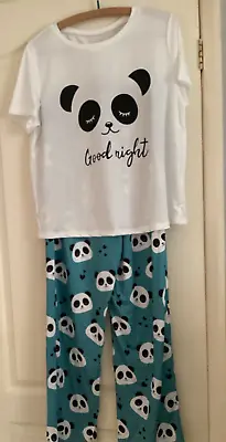 Buy NEW. Womens White & Blue Cartoon Panda 2 Piece Pyjama Set Size XL (16) • 8.99£