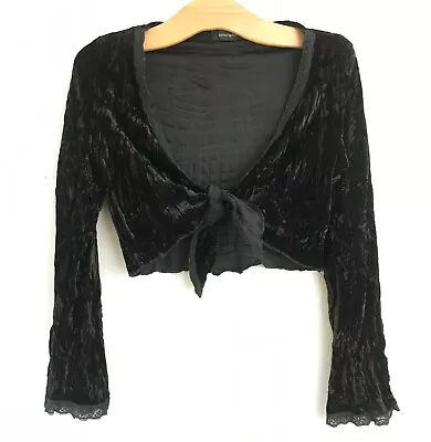 Buy Black Crinkled Velvet Tie Shrug 12 Evening Jacket Cardigan Lace Trim Principles  • 15£
