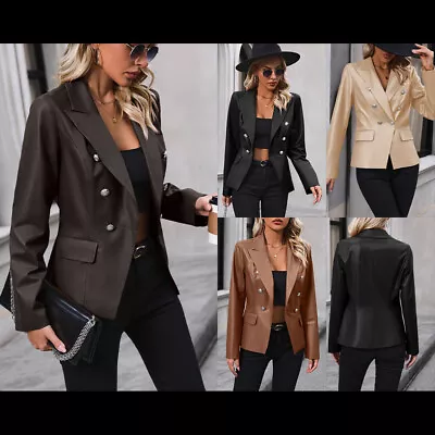 Buy Ladies Women Faux Leather Long Sleeve Buttons Coat Jacket Blazer Suit Tunic Tops • 17.39£