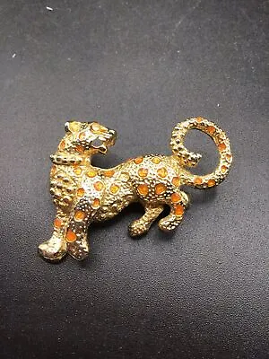 Buy Wild Cat Cheetah Brooch Gold Tone & Orange Spots Vintage Animal Figural Jewelry • 21.20£