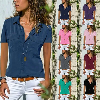Buy Women Short Sleeve Shirts Tops Ladies Summer Buttons Up Casual Work Blouse Shirt • 2.29£
