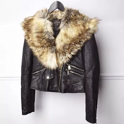 Buy River Island Black Contrast Faux Fur Collar Biker Jacket • 50£