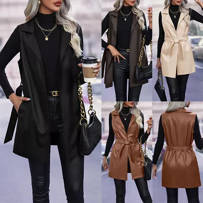 Buy Womens Sleeveless Gilet Cardigans Belt Jacket PU Leather Waistcoats Vest OL Tops • 12.99£