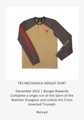 Buy Destiny 2 Tex Mechanica Henley Shirt Unisex Large SoTW WITH Venn's Pulsar Emblem • 241.24£