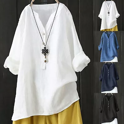 Buy Plus Size Women Cotton Linen V Neck Baggy Tunic Tops Casual Loose Blouse T-Shirt • 9.29£