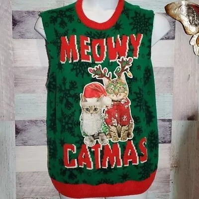 Buy Meowy Catmas Ugly Christmas Sweater Sleeveless Sz L Cat Kitten Party UNISEX 823 • 15.16£