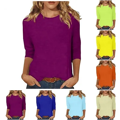 Buy Women's Fashion Casual Three Quarter Sleeve T-Shirt Solid Color O-Neck Tops US • 11.09£