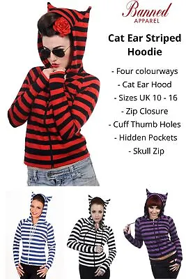 Buy Banned Apparel Cat Ears Striped Womens Hoodie • 27.95£