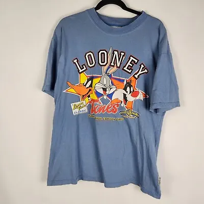 Buy Vintage Looney Tunes Movie World Mens Shirt Size L Blue 1993 Graphic Print Top • 13.01£