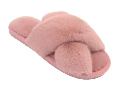 Buy Womens Slippers Ladies Fluffy Furry Cross Over Open Toe Warm Winter Mules Slider • 5.23£