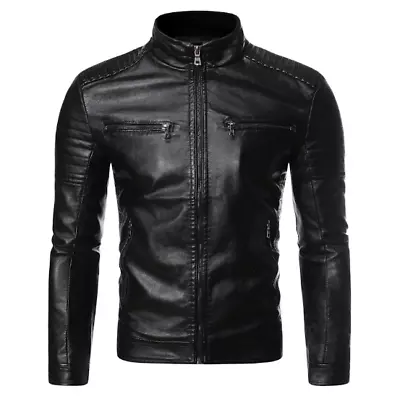 Buy Mens Casual Leather Biker Jacket Black Brown Slick Slim Vintage Motorcycle Coat • 27.97£