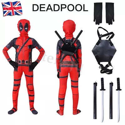 Buy Kids Deadpool Costume Superhero Cosplay Boy Lycra Morph Party Jumpsuit + Swords • 17.38£