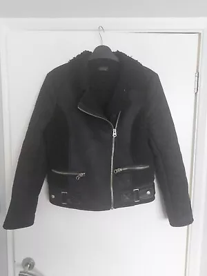 Buy Topshop Ladies Size 10 Black Fleece Lined Biker Jacket • 9.99£