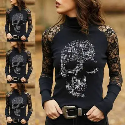 Buy Womens Skull Print Lace Sleeve Gothic Punk Blouse Halloween Clothes T Shirt Tops • 15.19£