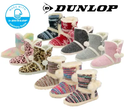 Buy Dunlop Women's Pom Pom Fairisle Knit Faux Fur Ladies Winter Cosy Bootie Slippers • 15.30£