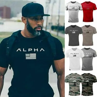 Buy Alpha Men's Gym T-Shirt Bodybuilding Fitness Training Workout Muscle Top Tee Hot • 16.79£