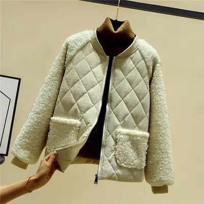 Buy Lady Sherpa Fleece Quilted Coat Jacket Outwear Check Splice Padded Warm Winter • 37.91£