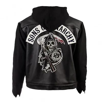Buy SOA Sons Of Anarchy Highway Motor Biker Black Hooded Leather Jacket Halloween • 100.56£