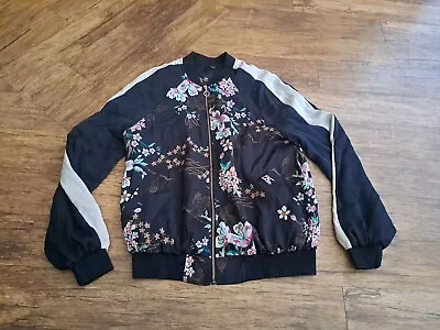 Buy Ladies Floral Bomber Jacket F&F Size 10 Zip Up Thin Jacket Coat Striped Sleeve  • 4.50£