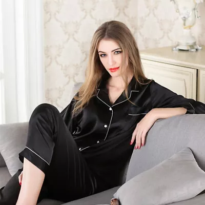 Buy Women Ladies Plain Silk Satin Pyjamas Long Sleeve Nightwear Set Sleepwear UK • 11.99£