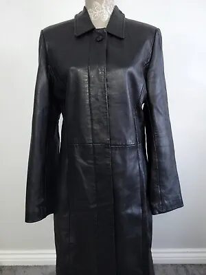 Buy Vintage River Island Leather Jacket Size 16 Long Trenchcoat Goth Soft Leather • 59.99£