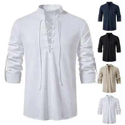 Buy Mens Medieval Cosplay T-Shirt Lace Up V Neck Shirts Blouse Tops Clothes Costume • 13.67£