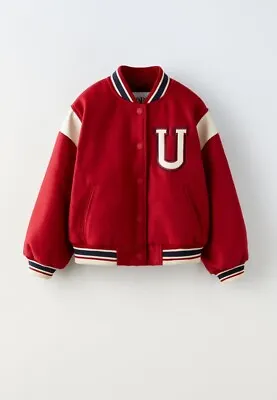Buy Zara Girls Varsity Bomber Jacket With Patches Age 13-14 Years New With Tags RED • 44.95£