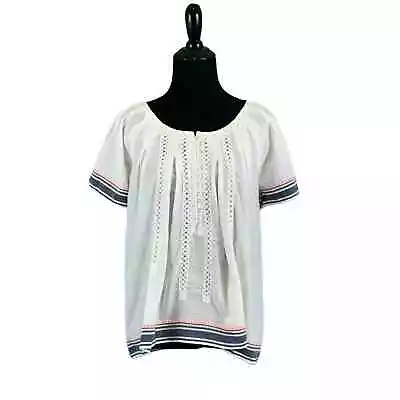 Buy CHELSEA & VIOLET White Blue Trim Boho Short Sleeves Tunic Top Size S • 11.57£