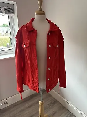 Buy Zara Trafaluc Red Distressed Oversized Denim Jacket Size S • 15£