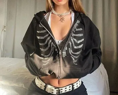 Buy Rhinestone Skeleton Fashion Gothic Women Hoodie Sweatshirt Retro Zip Up Jacket • 21.22£