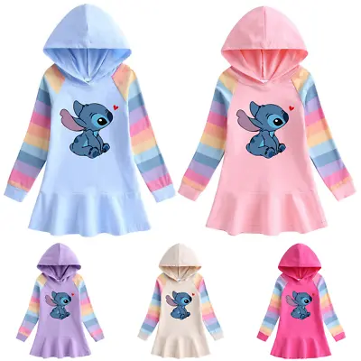 Buy Girls Lilo Stitch Cartoon Hoodies Dress Long Sleeve Tops Sweatshirt Jumper Dress • 9.49£