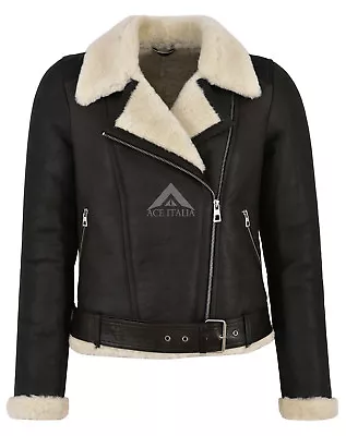 Buy Ladies Shearling Sheepskin Jacket Brown Beige Fur B3 Bomber Biker 100% Genuine • 207.56£