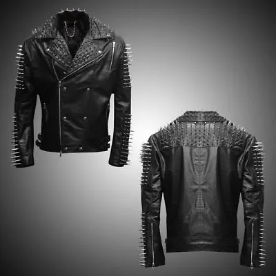 Buy Mens Long Spiked Silver Studded Rocker Punk Style Black Biker Leather Jacket • 302.88£