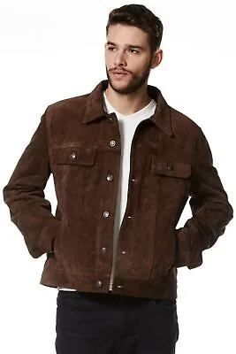 Buy Brown Leather Trucker Jacket For Men Pure Suede Custom Made Size S M L XXL 3XL • 143.86£