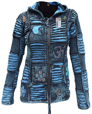 Buy Cotton Blue Jacket Hippie Psychedelic Goth Emo Funky Patchwork Pixie Zip Hoodie • 29.99£