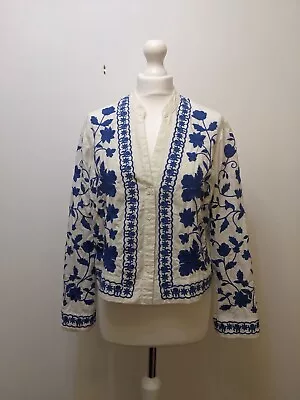 Buy ZARA White Blue Floral Linen/Cotton Embroidered Jacket Kaftan Shirt Size M • 42.99£