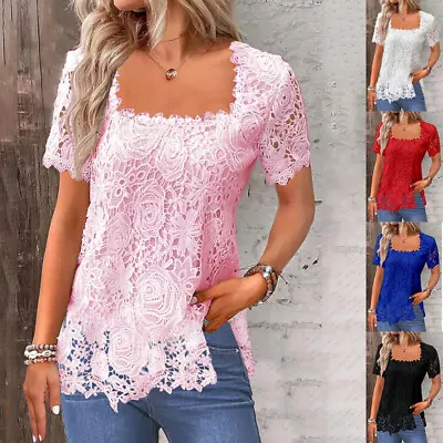 Buy Women Holiday Casual Lace Short Sleeve Tops Tee Summer Blouse T Shirts Size 6-18 • 8.03£
