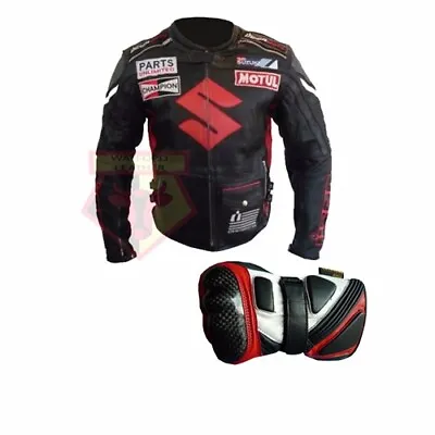 Buy Suzuki Icon Motorbike Armoured Black And Red Cowhide Leather Jacket And Gloves • 169.99£