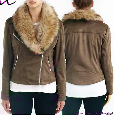 Buy NEW Womens Faux Fur BIKER JACKET Crop FAUX SUEDE Ladies ZIP Size 8-16  • 11.89£