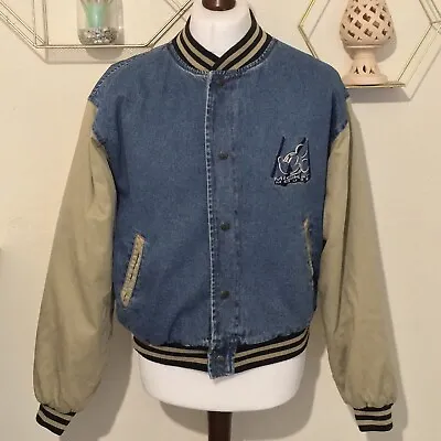 Buy Vintage Mickey Mouse Varsity Denim Bomber Jacket 90s Walt Disney Adult Size M • 49.99£