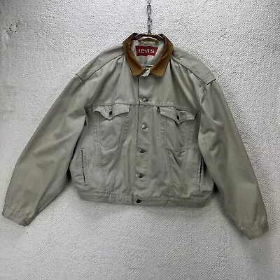 Buy Levi's Denim Canvas Trucker Jacket Mens XL Beige Leather Collar Vintage 90's • 49.99£