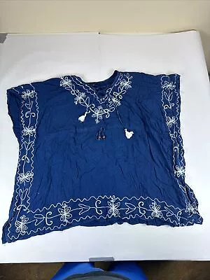 Buy Riviera Sun Blouse Womens Sz 1X Blue Boho Gypsy Drawstring Embroidered Tunic NEW • 19.20£