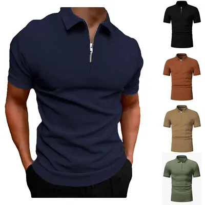 Buy Mens Zip Neck Shirt Short Sleeve Polo Shirts T Shirt Casual Plain Slim Fit Tops • 7.58£
